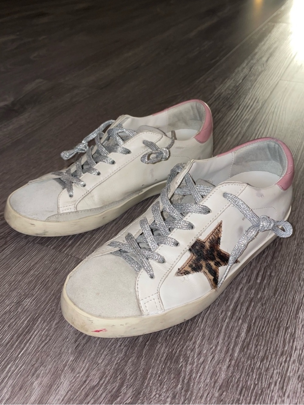 Golden Goose White Sneakers with Pink Heel and Leopard Star